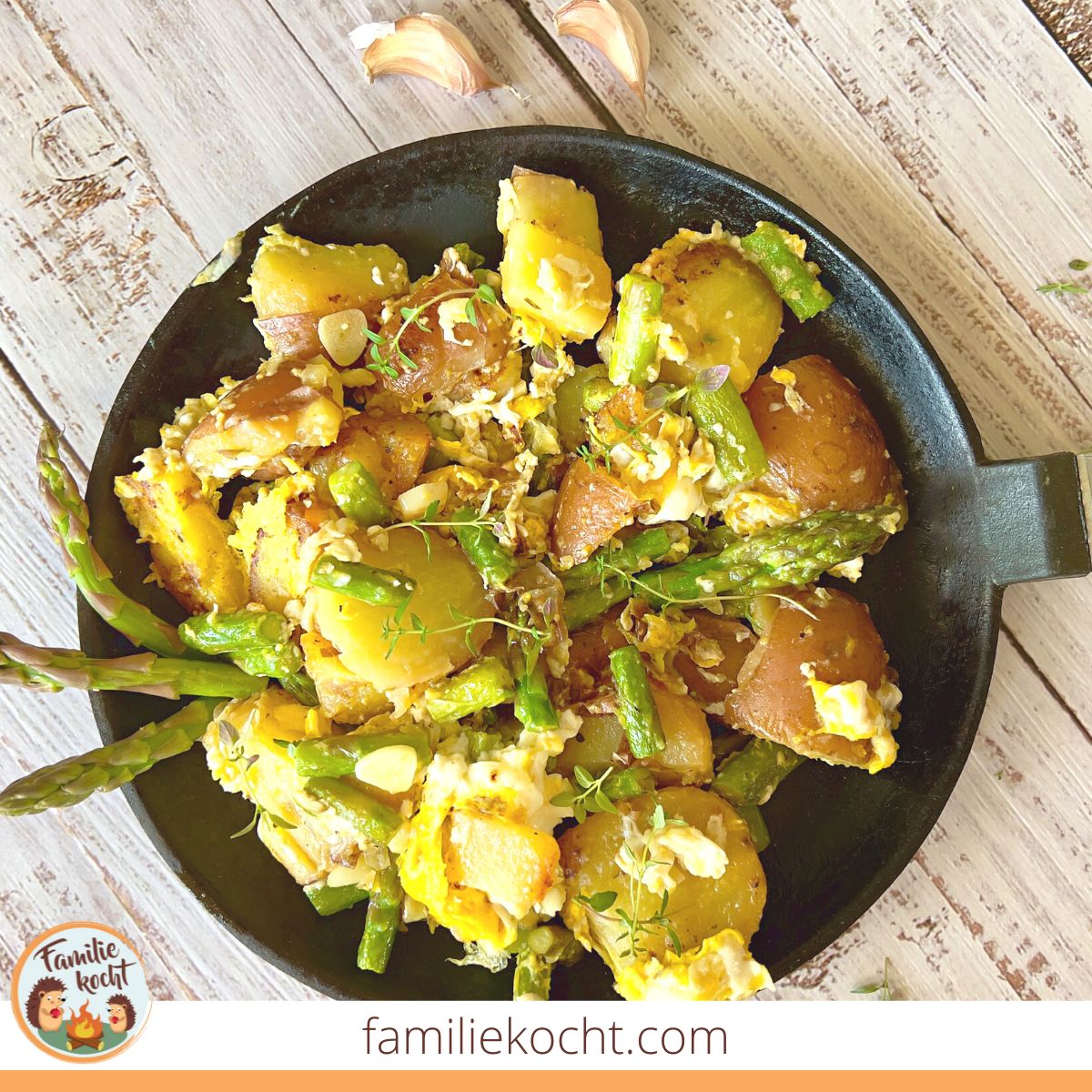 Bratkartoffeln mit Ei und gruenem Spargel